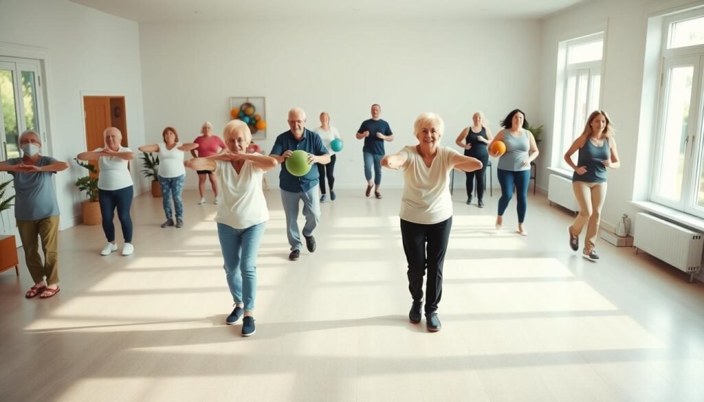 A serene, well-lit home gym filled with people of various ages engaged in a range of memory-enhancing exercises. In the foreground, a group of seniors perform gentle stretches and balancing poses. In the middle ground, middle-aged adults work on coordination exercises with weighted balls. In the background, younger individuals participate in brisk, full-body movements like jumping jacks and jogging in place. Soft, natural lighting filters in through large windows, creating a calming, inviting atmosphere. The scene conveys the benefits of physical activity in supporting cognitive function and memory as we age.