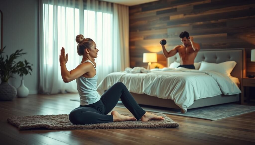 A serene, well-lit indoor scene depicting two people engaged in various exercises, their bodies in motion, surrounded by signs of relaxation and sleep. In the foreground, a person performs yoga poses on a plush, textured mat, their expression peaceful and focused. In the middle ground, another person lifts weights, their muscles defined and their face determined. The background features a cozy, inviting bedroom environment, with a large, comfortable-looking bed, soft bedding, and warm lighting, suggesting the importance of quality sleep. The overall atmosphere conveys the synergistic relationship between physical activity and restful slumber.