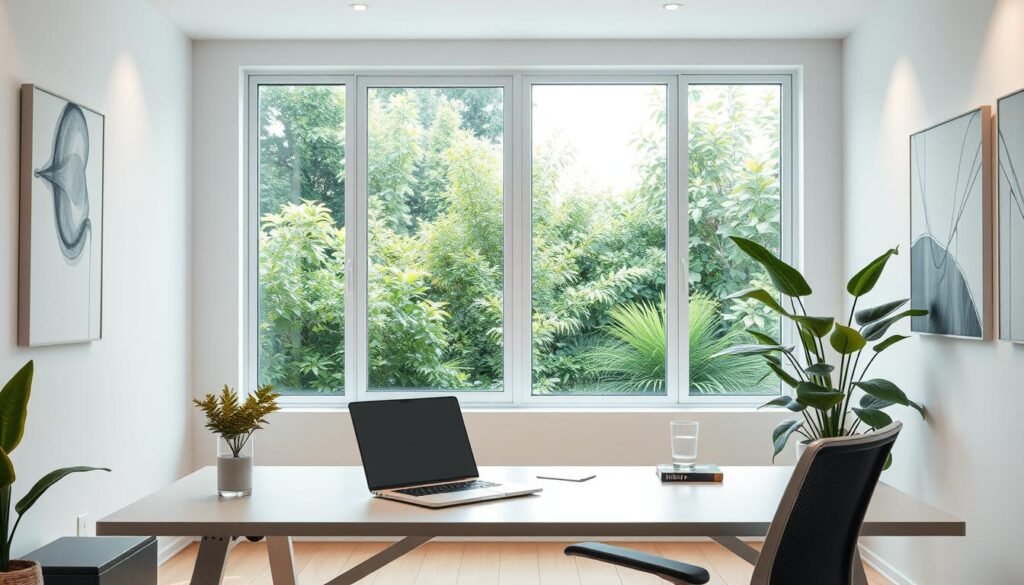 A serene, well-lit workspace with a modern, minimalist aesthetic. In the foreground, a sleek, ergonomic desk with a laptop, a potted plant, and a glass of water. The middle ground features a large window overlooking a lush, verdant garden, allowing natural light to flood the space. The background showcases clean, white walls adorned with abstract, calming artwork. The overall atmosphere exudes a sense of tranquility, focus, and mental clarity, reflecting the essence of "NeuroWellness". Subtle warm lighting gently illuminates the scene, creating a soothing and inviting ambiance.