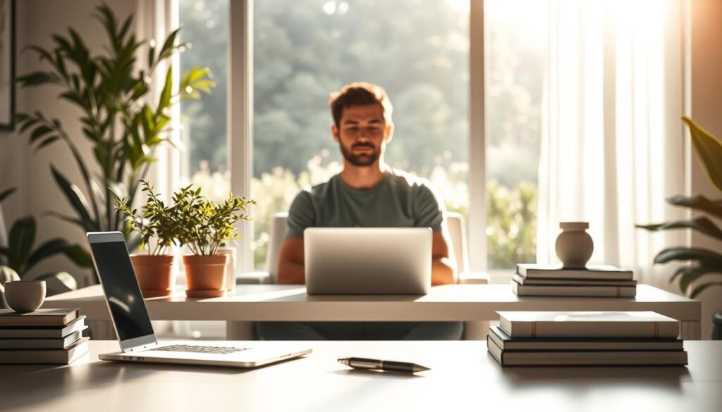 A serene workspace bathed in soft, natural light. In the foreground, a sleek, minimalist desk with a laptop, a stack of books, and a zen-inspired plant. In the middle ground, a person seated comfortably, their gaze focused and expression contemplative, symbolizing the mental clarity and productivity enabled by neuromentoria. The background showcases a calming, nature-inspired landscape, perhaps a tranquil garden or a window overlooking a serene vista, evoking a sense of balance and harmony. The overall mood is one of focus, inspiration, and the synergy between the mind and the environment.