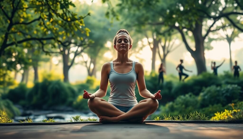 A serene, zen-like landscape depicting the union of mindfulness and weight loss. In the foreground, a person sits cross-legged in a peaceful meditation pose, eyes closed, radiating inner calm. Behind them, a verdant forest with lush, swaying trees and a gently flowing stream, symbolizing the harmony between the mind and the body. Soft, warm lighting filters through the canopy, creating a soothing, contemplative atmosphere. In the distance, silhouettes of people engaged in various mindful physical activities like yoga or tai chi, reinforcing the connection between the mental and the physical aspects of wellbeing and weight management. The overall composition conveys a sense of balance, tranquility, and the transformative power of mindful practices.