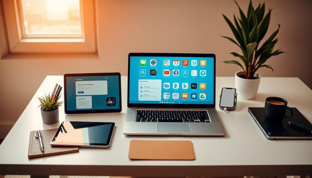 A sleek, modern home office with productivity apps open on a laptop, tablet, and smartphone. Warm, natural lighting illuminates the clean, minimalist workspace. Carefully organized stationery, a potted plant, and a cup of coffee add subtle, calming touches. The arrangement suggests an intentional, focused approach to boosting motivation through technology-enabled productivity.