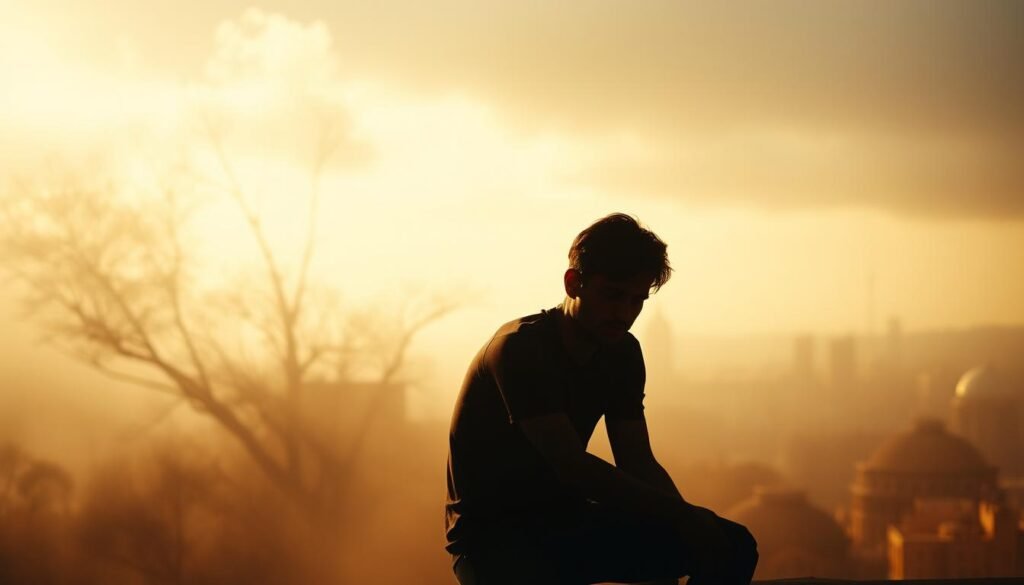 A striking, cinematic portrait of mental health, bathed in warm, soft lighting. In the foreground, a lone figure sits in a contemplative pose, their face partially obscured in shadow, conveying a sense of introspection and vulnerability. The middle ground features a dreamlike, abstract landscape, with subtle textures and muted colors evoking a sense of emotional depth and complexity. In the background, a blurred, out-of-focus cityscape hints at the external pressures and demands that can contribute to mental health challenges. The overall mood is pensive, thought-provoking, and gently hopeful, inviting the viewer to reflect on the delicate balance between the inner and outer worlds.