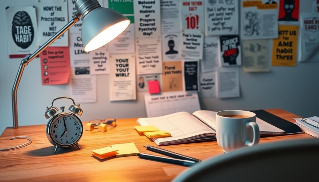 A study desk with various productivity-boosting tools - a timer, sticky notes, a calendar, and a cup of coffee. In the background, a wall covered in motivational posters and reminders to overcome procrastination. Soft, warm lighting from a desk lamp casts a focused glow, creating a contemplative atmosphere. The scene conveys a sense of determination and active steps towards conquering the habit of procrastination, in line with the article's theme of "The Influence of Habits on Procrastination".