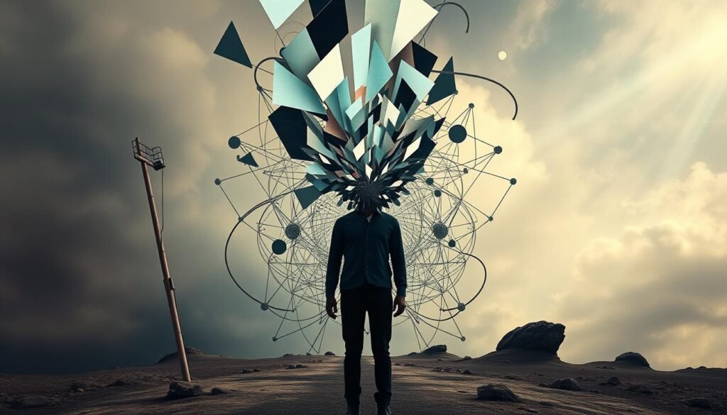 A surreal and thought-provoking scene of cognitive bias, set against a backdrop of a fragmented, distorted reality. In the foreground, a human figure stands, their face obscured by a shifting, kaleidoscopic veil, symbolizing the distortions and preconceptions that influence our decision-making. The middle ground features a tangled web of interconnected shapes and lines, representing the complex, non-linear nature of the cognitive processes at play. The background is a dreamlike, abstract landscape, with hazy, ambiguous forms and ethereal lighting, conveying the elusive and subjective nature of our perceptions. The overall mood is one of introspection and uncertainty, inviting the viewer to contemplate the hidden biases and limitations of the human mind.