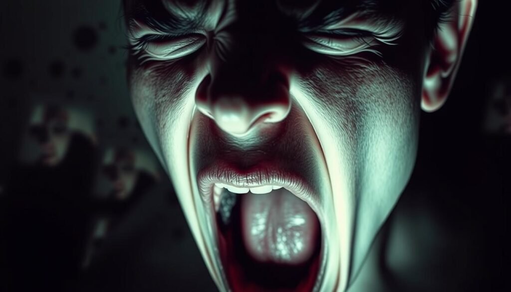 A surreal, close-up view of a human face expressing distress and tension, with the mouth wide open, conveying the effects of anxiety on appetite. The face is rendered in a muted, unsettling color palette, bathed in dramatic, shadows creating a sense of unease. The background is blurred, with subtle hints of a chaotic, distorted environment, further emphasizing the internal turmoil. The composition draws the viewer's attention to the central subject, capturing the visceral, physiological impact of anxiety on the body's hunger and metabolism.