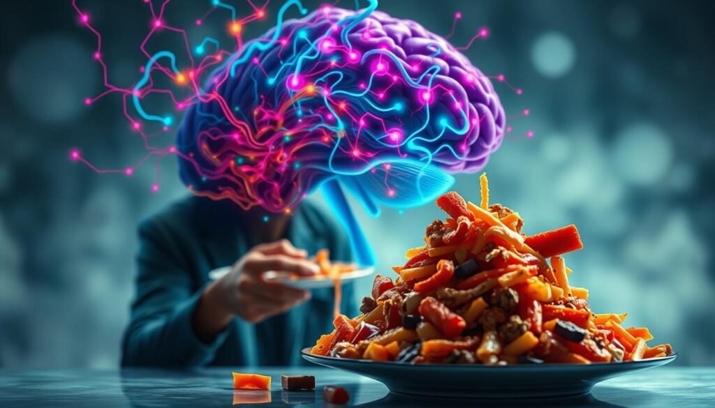 A surreal, dreamlike depiction of the interplay between compulsive overeating and dopamine. In the foreground, a figure struggles with an overflowing plate of food, their face obscured by a swirling vortex of colorful neuronal pathways. The middle ground features a brain-like structure pulsing with vibrant, neon-hued synapses, representing the dopaminergic reward system. The background is a blurred, ethereal landscape, evoking the complex, subconscious nature of this behavioral phenomenon. Soft, diffused lighting casts a sense of introspection, while the overall composition conveys the powerful, yet delicate balance between the biological and psychological aspects of compulsive eating.