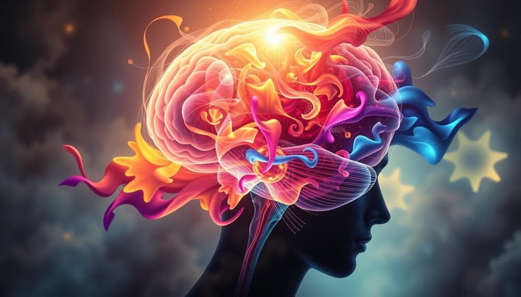 A surreal, dreamlike depiction of the psychology of rewards. In the foreground, a person's brain glows with a soft, ethereal light, surrounded by swirling, abstract shapes that represent the complex neural pathways and reward mechanisms at work. The middle ground features a cascading display of vibrant, hypnotic shapes and colors, hinting at the powerful emotional and psychological responses triggered by rewarding experiences. The background is shrouded in a misty, atmospheric haze, suggesting the subconscious processes and hidden drivers that influence our reward-seeking behaviors. The overall composition conveys a sense of wonder, introspection, and the profound impact of reward systems on the human mind.