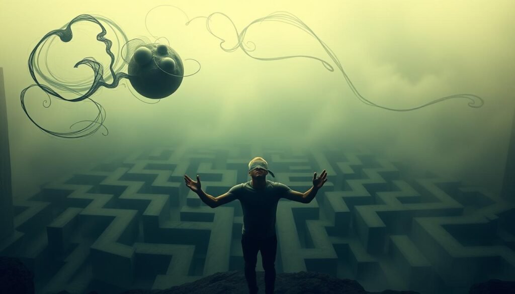 A surreal, dreamlike scene depicting unconscious decision-making. In the foreground, a human figure stands blindfolded, their hands extended, seemingly grasping at the air. Swirling, ethereal shapes and forms surround them, hinting at the subconscious processes at work. The middle ground features a maze-like structure, with paths branching off in multiple directions, representing the complex web of options and choices. The background is shrouded in a hazy, muted palette, creating a sense of uncertainty and the unknown. Soft, diffused lighting casts a contemplative, pensive mood over the entire scene. Angle the camera slightly from above, adding a sense of detachment and objectivity to the viewer's perspective.