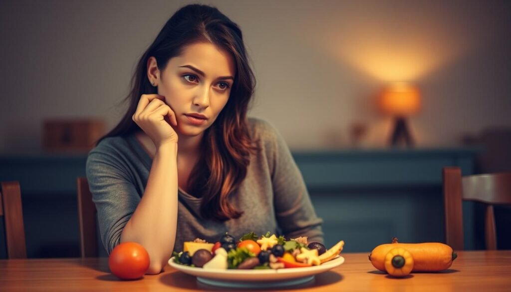 A thoughtful woman seated at a table, deep in contemplation over a plate of nutritious, visually appealing foods. The warm, soft lighting casts a calming glow, as she considers the connection between her emotional state and dietary choices. The background is blurred, keeping the focus on her introspective expression and the nourishing meal before her. The scene conveys a sense of mindfulness, balance, and the power of behavioral nutrition to support emotional well-being.