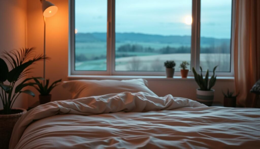 A tranquil bedroom scene, bathed in soft, warm lighting. In the foreground, a plush, inviting bed with crisp, cloud-like linens. The bed is situated in a cozy alcove, with a large window overlooking a peaceful, moonlit landscape. Subtle textures, such as a woven throw blanket and a few carefully placed plants, add depth and a sense of relaxation. The overall atmosphere is one of serene, restorative slumber, conveying the importance of quality sleep for a healthy, vibrant brain.