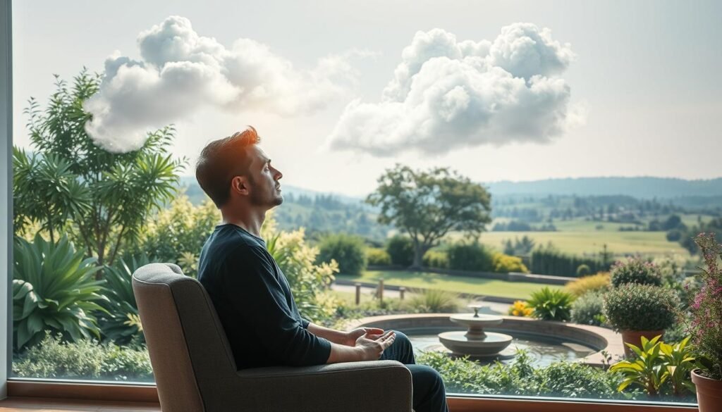 A tranquil scene depicting the relationship between stress and NeuroWellness. In the foreground, a person sits in a comfortable chair, eyes closed, hands resting on their lap, exuding a sense of calm and mindfulness. Behind them, wispy clouds of anxiety and tension swirl, visualizing the mental strain of stress. In the middle ground, a vibrant, lush garden represents the restorative power of NeuroWellness, with verdant plants and soothing water features. The background showcases a serene, sun-dappled landscape, emphasizing the importance of connecting with nature for mental well-being. Soft, diffused lighting creates a warm, inviting atmosphere, encouraging the viewer to find their own inner peace.
