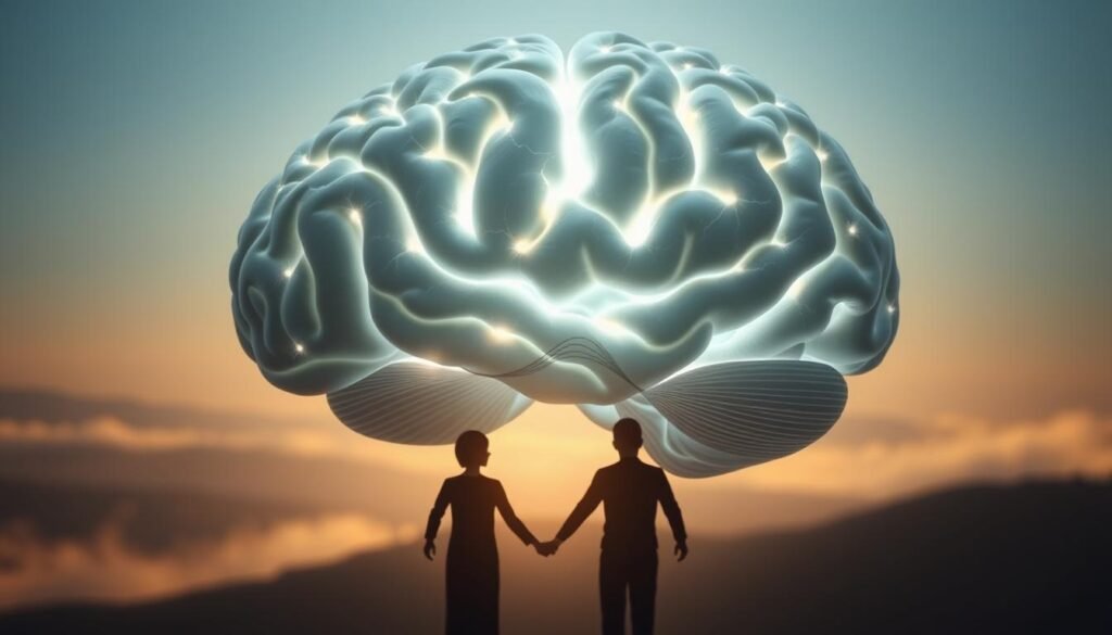 A tranquil scene of a human brain, its folds and contours illuminated by soft, diffuse lighting. The brain appears to be made of delicate, interconnected neurons, pulsing with energy and activity. In the background, a hazy, dreamlike landscape suggests the expansive potential of the mind. The foreground features a trio of figures, their hands intertwined, representing the powerful role of social interactions in shaping the brain's neural pathways and neuroplasticity. The scene conveys a sense of wonder, growth, and the profound ways in which our relationships and experiences can transform the very structure of our minds.