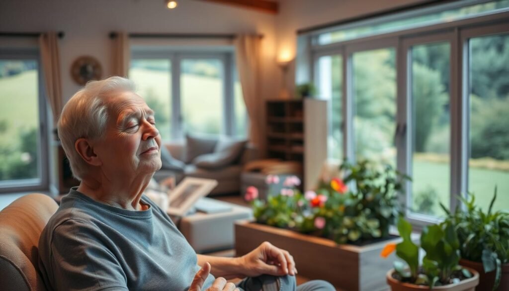 A tranquil scene of an elderly person engaging in healthy lifestyle activities for longevity. In the foreground, a senior individual seated in a comfortable chair, peacefully meditating with eyes closed. Soft, warm lighting illuminates their serene expression. In the middle ground, the person is shown tending to a small garden, planting vibrant flowers and vegetables. The background depicts a cozy, well-appointed living space with large windows overlooking a lush, verdant landscape. The overall atmosphere conveys a sense of harmony, balance, and a life well-lived through the cultivation of healthy habits.