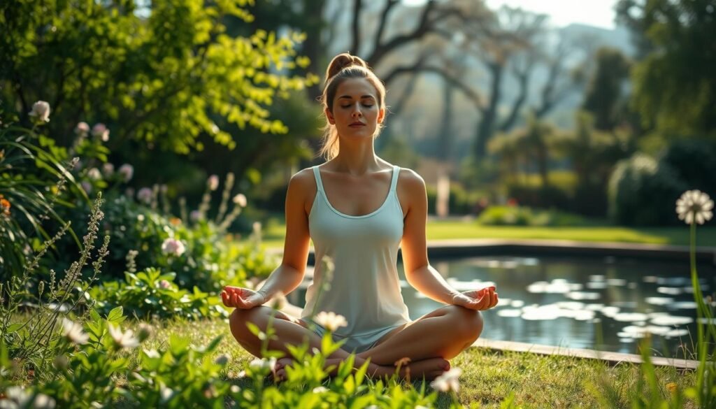 A tranquil, sunlit garden with lush greenery and a serene pond. In the foreground, a person sits cross-legged, eyes closed, practicing a gentle, mindful movement or meditation technique. Soft, diffused lighting creates a calming atmosphere, while the middle ground features soothing herbs, flowers, and natural elements that symbolize holistic well-being. The background showcases a harmonious blend of trees and natural landscapes, conveying a sense of balance and integration between the mind, body, and environment.