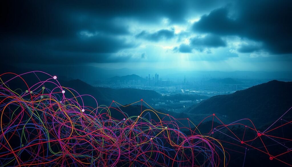 A vibrant, abstract composition depicting the intricate patterns of human behavior. In the foreground, a tangle of colorful lines and shapes representing the complex web of habits, impulses, and subconscious drives that shape our daily lives. In the middle ground, a series of interconnected nodes and pathways, visualizing the neural networks underlying our behavioral patterns. The background is a moody, atmospheric landscape, with subtle gradients and textures evoking the depth and nuance of the human psyche. Dramatic lighting casts dramatic shadows, adding depth and drama to the scene. The overall effect is a visually arresting and thought-provoking exploration of the hidden mechanisms that govern our actions and routines.