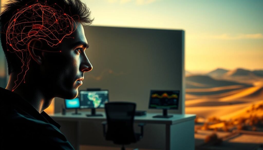 A vibrant and dynamic scene depicting the benefits of neuromentoria in achieving high performance. In the foreground, a focused and determined individual engages in deep contemplation, their mind alight with neural pathways and synaptic connections. The middle ground showcases a sleek, modern workspace, with strategically placed displays and intuitive interfaces, all designed to enhance cognitive abilities. In the background, a serene and minimalist landscape unfolds, evoking a sense of balance and harmony. Warm, directional lighting illuminates the scene, casting subtle shadows and highlighting the interplay between the mental and physical realms. The overall composition conveys a powerful blend of mental acuity, technological integration, and personal growth, encapsulating the essence of neuromentoria's transformative impact on high-performance individuals.