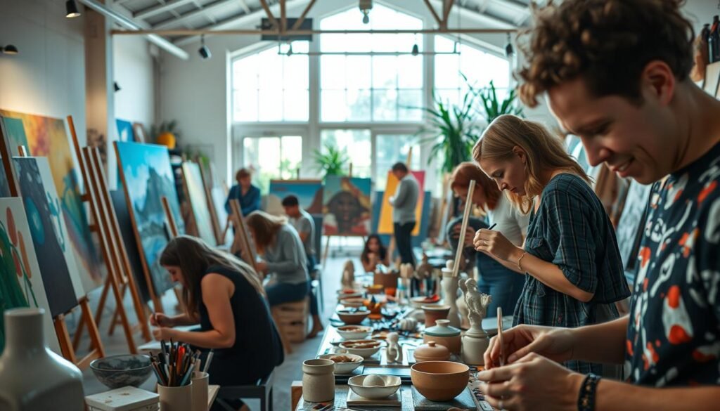A vibrant and immersive scene of artistic activities, showcasing a variety of creative pursuits in a well-lit, airy studio setting. In the foreground, a group of individuals are deeply engaged in painting, sculpting, and drawing, their faces alight with concentration and the joy of creation. The middle ground features a display of colorful, abstract canvases, pottery, and other handcrafted items, hinting at the diverse range of artistic expressions. In the background, large windows flood the space with natural light, casting a warm, inviting glow and creating a sense of openness and inspiration. The overall atmosphere is one of stimulation, focus, and the nourishment of the creative spirit, reflecting the restorative power of artistic activities.