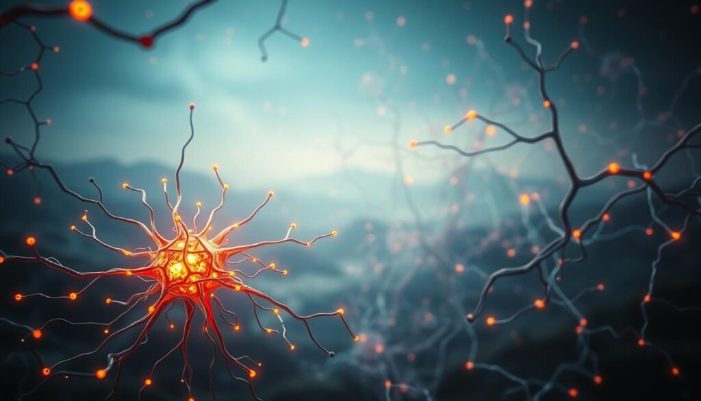 A vibrant and intricate neural network, representing the interconnected nature of "neuromentoria". The foreground depicts a central hub of synaptic connections, pulsing with energy and illuminated by a soft, warm glow. The middle ground reveals branching pathways, weaving intricate patterns that suggest the complex relationship between the mind, body, and performance. In the background, a hazy, dreamlike landscape sets the stage, evoking a sense of the subconscious and the vast potential of the human mind. The scene is captured through a wide-angle lens, with a shallow depth of field to focus the viewer's attention on the mesmerizing neural architecture. The overall mood is one of wonder, insight, and the boundless possibilities of the human experience.