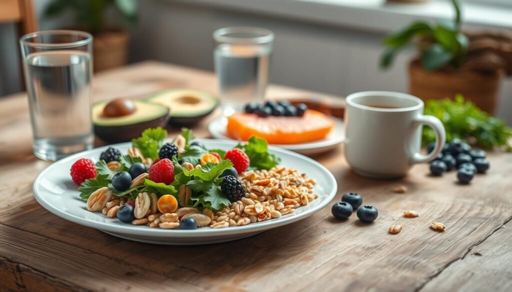 A vibrant, appetizing still life of a brain-boosting meal on a rustic wooden table. In the foreground, a plate showcases a nourishing spread of leafy greens, fresh berries, nuts, and whole grains. Complementing the main dish, a glass of water and a mug of warm tea create a soothing, calming atmosphere. The middle ground features artfully arranged ingredients such as avocado, salmon, and blueberries, hinting at the brain-enriching properties of the meal. The background suggests a cozy, natural setting, with soft, diffused lighting gently illuminating the scene, conveying a sense of balance and mental clarity.