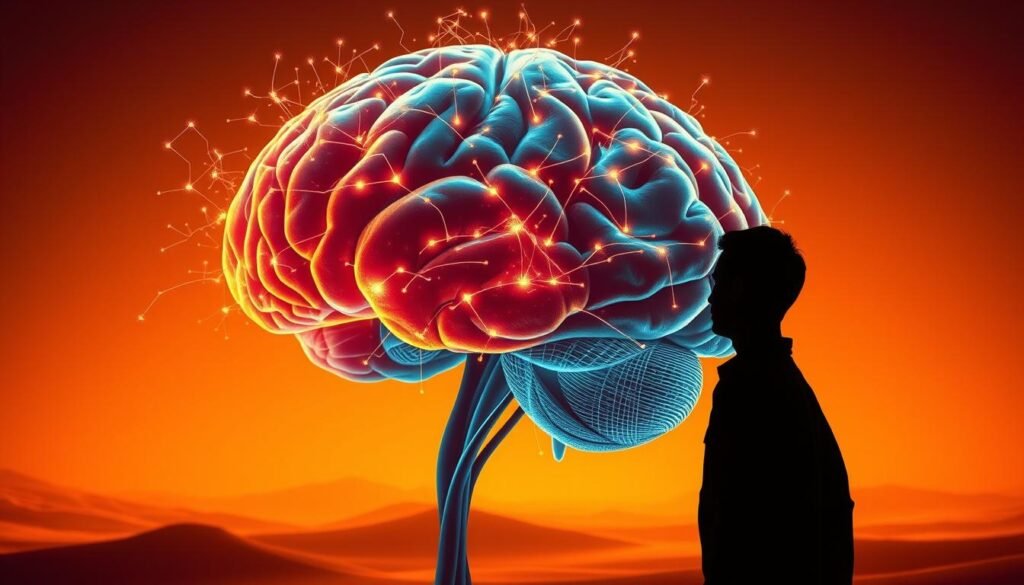A vibrant brain with neural pathways forming intricate connections, representing the scientific perspective on habit formation. Bright, warm lighting illuminates the scene, casting a contemplative atmosphere. In the foreground, a person's silhouette stands in deep thought, considering the mechanisms behind their behaviors. The middle ground features a layered representation of the brain's structure, with synapses firing and neural networks intertwining. The background displays a minimalist, geometric landscape, symbolizing the underlying principles of neuroscience. The overall composition conveys the depth and complexity of the subject, inviting the viewer to explore the scientific underpinnings of habit formation.