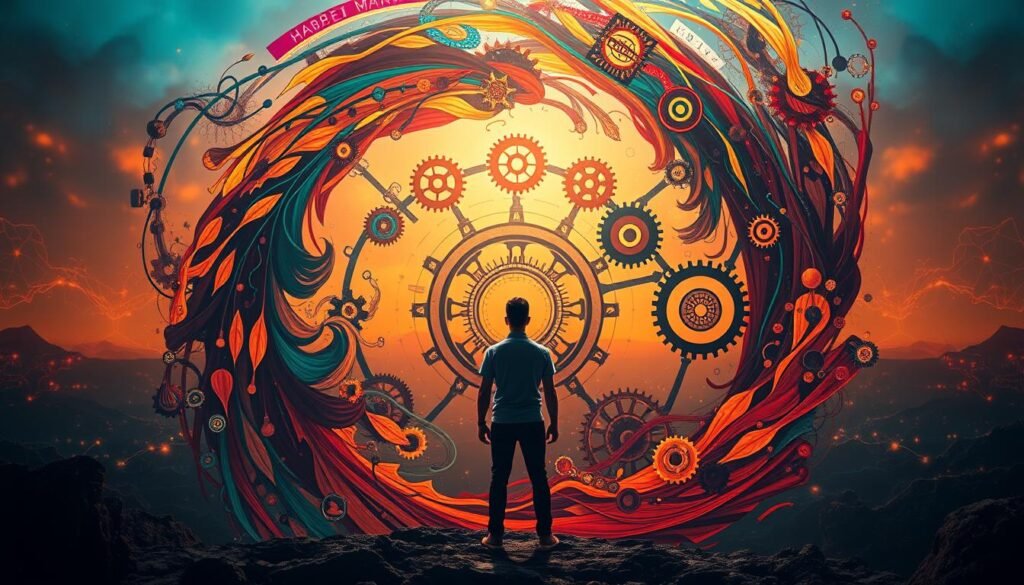 A vibrant, cinematic depiction of the cyclical process of habit formation. In the foreground, a person standing at the center, focused and determined, surrounded by a swirling vortex of colorful, abstract shapes and patterns, representing the various stages of habit development. The middle ground features a series of interconnected gears and cogs, symbolizing the intricate mechanisms of the brain that drive this cycle. In the background, a warm, glowing landscape of neural pathways and synaptic connections, underscoring the physiological changes that occur within the brain as habits are formed. Dramatic lighting, with a mix of warm and cool tones, creates a sense of depth and dynamism, while a cinematic, wide-angle perspective captures the holistic nature of this transformative process.