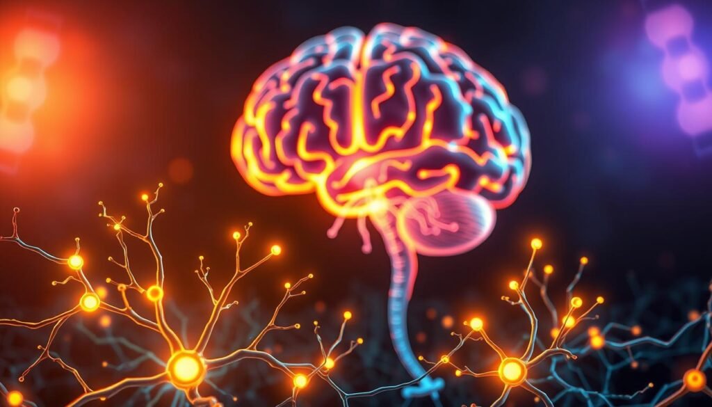 A vibrant, detailed illustration depicting the formation of habits in the brain. In the foreground, neural pathways light up, representing neuroplasticity and the brain's ability to adapt and form new connections. In the middle ground, intricate synaptic structures represent the strengthening of neural links as habits are reinforced. In the background, an abstracted brain form glows with pulsing energy, symbolizing the dynamic, ever-changing nature of the organ. The scene is illuminated by a warm, ambient lighting, conveying a sense of growth, learning, and the power of the mind to shape itself. Rendered in a clean, high-contrast style that emphasizes the scientific and cerebral nature of the subject matter.