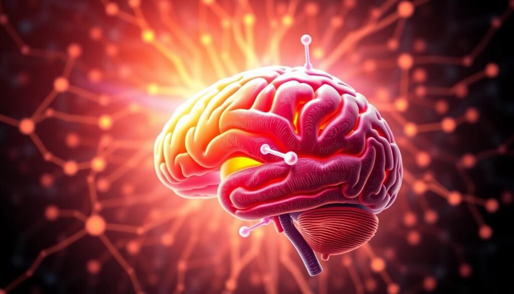 A vibrant, detailed illustration of the brain's reward system. In the foreground, a brightly lit, anatomically accurate cross-section of the human brain, with the limbic system and ventral tegmental area prominently featured. The middle ground depicts a series of neurotransmitter pathways, with dopamine and serotonin signals traveling between synapses. In the background, a softly blurred network of neural connections, illuminated by a warm, ambient glow. The overall composition conveys a sense of complexity, dynamism, and the intricate mechanisms underlying the brain's ability to process rewards and drive motivated behavior.