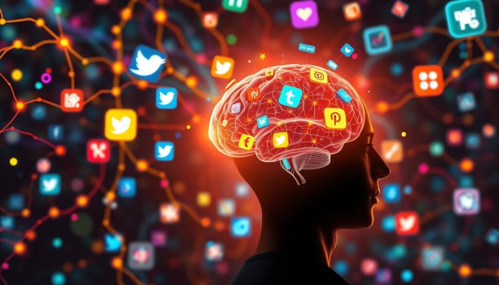 A vibrant digital landscape, social media icons floating in a swirling neural network of colorful synapses and glowing neurons. In the foreground, a person's head in profile, their brain illuminated from within, pulsing with the dopamine-fueled rewards of online interaction. Warm lighting casts a soft glow, while the background fades into a blurred abstraction of scrolling feeds and notification badges. The scene conveys the captivating pull of social media, the brain's natural craving for connection and validation manifested in a mesmerizing, immersive visual.