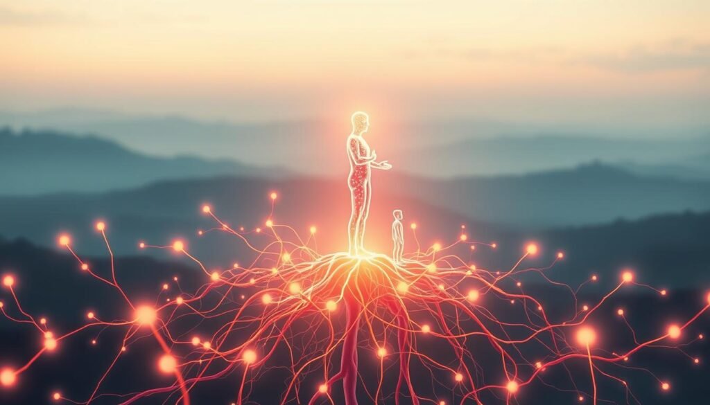 A vibrant, digitally rendered illustration showcasing the concept of "neuromentoria". In the foreground, a neural network of synaptic connections forms the intricate structure of a human brain, pulsing with an ethereal glow. Emerging from this neural web, a luminous figure representing a mentor guides and nurtures a smaller, contemplative figure, symbolizing the mentee. The background is a serene, minimalist landscape, with subtle gradients of blues and greens, creating a calming, introspective atmosphere. Warm, diffused lighting casts a soft, contemplative glow over the entire scene, emphasizing the transformative power of neuromentoria. The image conveys a sense of growth, knowledge transfer, and the holistic integration of neuroscience and mentorship.