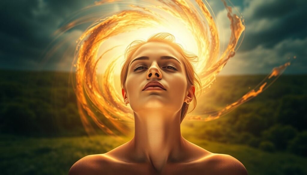 A vibrant, emotive portrait showcasing emotional resilience. In the foreground, a serene figure gazes inwardly, their expression radiating inner strength and tranquility. Surrounding them, a swirling vortex of energy, representing the challenges and adversities they have overcome. Soft, warm lighting illuminates their face, casting a glowing, hopeful aura. In the background, a lush, verdant landscape unfolds, symbolizing the growth and renewal that emerges from resilience. Dramatic, cinematic angles capture the subject's determination and resilience, conveying the power of the human spirit to endure and thrive.