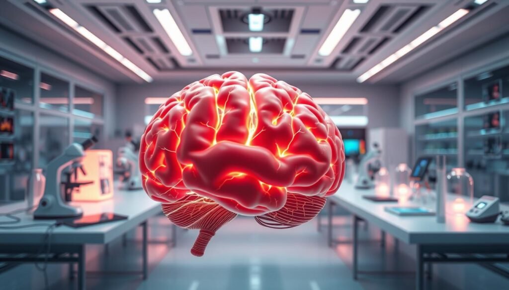 A vibrant, high-resolution 3D render of the applied neuroscience field. In the foreground, a human brain model glows with intricate neuronal connections, representing the complex workings of the mind. The middle ground features various scientific instruments and tools, including microscopes, electrodes, and neuroimaging scans, symbolizing the empirical research and data-driven insights of neuroscience. In the background, a sleek, futuristic laboratory setting with clean lines, modern architecture, and subtle lighting creates a sense of innovation and discovery. The overall scene conveys the intersection of cutting-edge science, technology, and the pursuit of understanding the human brain and its profound impact on personal development.