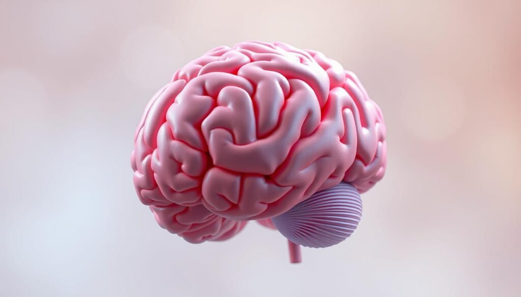A vibrant, high-resolution 3D rendering of a healthy human brain, floating against a soft, ethereal background. The brain is rendered in rich, natural tones, with detailed anatomical structures visible. The lighting is soft and diffuse, creating a calming, introspective atmosphere. The image conveys a sense of mental clarity, focus, and the potential for cognitive optimization. The brain appears weightless, subtly rotating to showcase its intricate complexity. This visual representation effectively captures the essence of "cerebral weight loss" and the journey towards a healthier, more efficient mind.