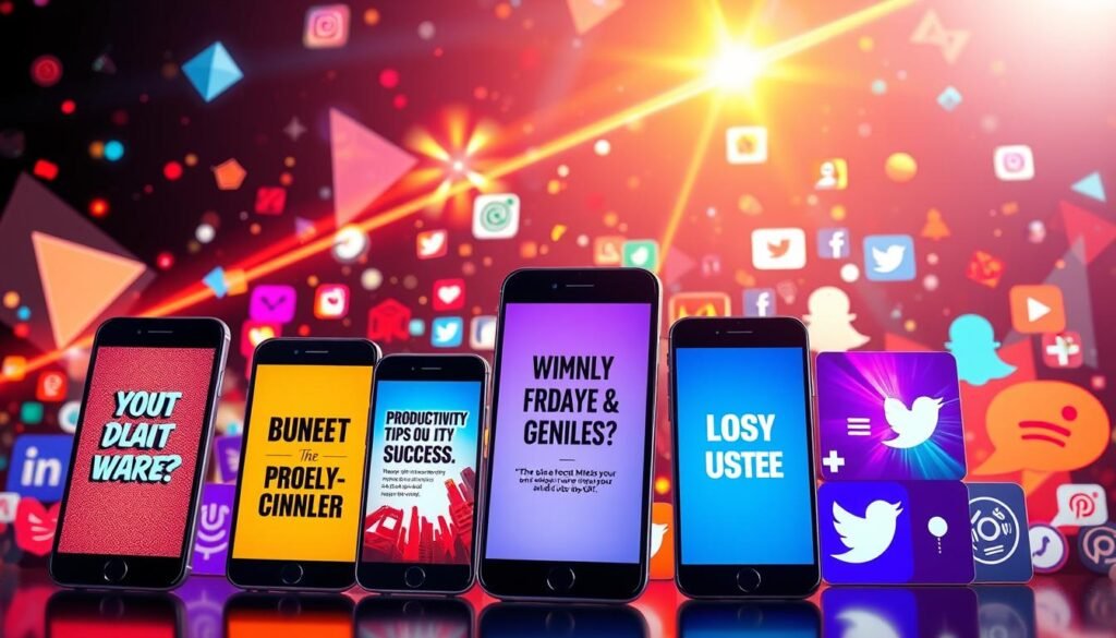 A vibrant, inspirational social media landscape featuring bold, motivational graphics and digital artworks. In the foreground, a collage of sleek smartphone screens displaying uplifting messages, productivity tips, and success stories. The middle ground showcases a diverse array of social media icons and app logos, symbolizing the power of digital connection. In the background, a dynamic backdrop of geometric shapes, gradient patterns, and shimmering light effects, creating an energetic, tech-savvy atmosphere. Warm, focused lighting accentuates the digital elements, evoking a sense of motivation and transformation. The composition conveys the idea of social media as a tool for personal growth and inspiration.