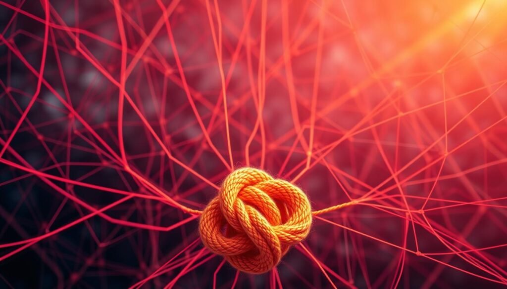 A vibrant, interconnected web of meaningful connections, conveying the richness and diversity of friendship. In the foreground, a central knot of intertwined threads in warm hues, representing the profound bonds that enrich our lives. The middle ground features a tapestry of overlapping lines and shapes, symbolizing the intricate network of relationships that support and sustain us. In the background, a kaleidoscope of subtle gradients and textures, evoking the ever-evolving landscape of friendship. Lighting is soft and diffused, creating a sense of depth and intimacy. The overall composition suggests a harmonious balance between individual strands and the greater whole, capturing the essence of "conexões" that shape our meaningful journeys.