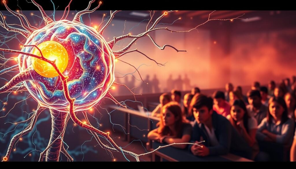 A vibrant neural landscape, synapses firing with electric intensity. In the foreground, a glowing orb of neural reward, pulsing with the rhythmic charge of dopamine. Surrounding it, a maze of intricate pathways, each branching into a constellation of possibilities. The middle ground showcases a classroom setting, students leaning forward, their faces aglow with the thrill of learning. Soft, directional lighting illuminates the scene, casting shadows that echo the dynamic flow of information. In the background, a hazy, dreamlike expanse, hinting at the boundless potential of the human mind. The overall atmosphere is one of intellectual curiosity, the brain's insatiable drive for knowledge and discovery.