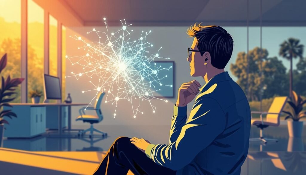 A vibrant, scientifically-grounded illustration of Neuromentoria, a field blending neuroscience and personal development. In the foreground, a thoughtful human figure sits contemplating a glowing, intricate neural network projection, symbolizing the interplay of mind and personal growth. The middle ground features a sleek, minimalist workspace with ergonomic furniture and a large display screen, hinting at the technological and analytical aspects of Neuromentoria. The background depicts a serene, nature-inspired setting, conveying the holistic, wellness-focused approach. Warm, directional lighting casts dramatic shadows, evoking a sense of depth and introspection. The overall mood is one of balance, innovation, and the empowering fusion of science and personal transformation.