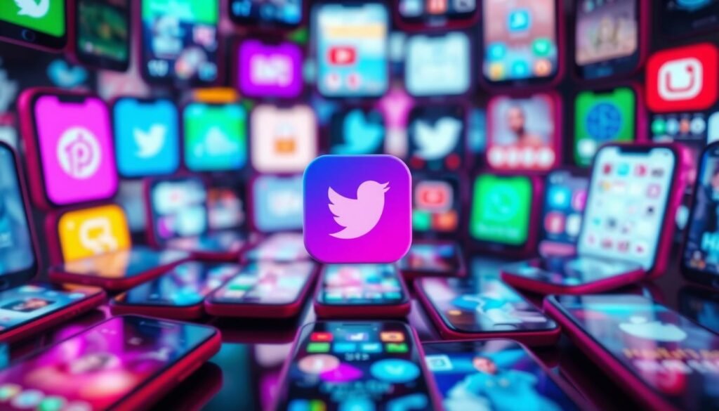 A vibrant, social media-inspired landscape with a central, stylized social media icon or logo floating in the foreground. The background features a blurred array of smartphone screens, each displaying various social media app interfaces and content. The lighting is soft and diffused, creating a dreamlike, immersive atmosphere. The composition is balanced, with the social media icon or logo serving as the focal point, surrounded by the swirling digital environment. The overall mood is one of both connection and disconnection, reflecting the complex relationship between technology and mental well-being.
