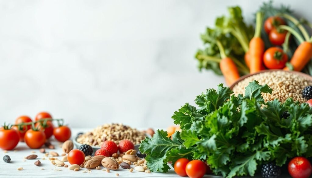 A vibrant still life arrangement of fresh, nutritious ingredients against a light, airy backdrop. In the foreground, an assortment of seasonal fruits and vegetables - crisp kale, juicy tomatoes, crunchy carrots, and vibrant berries. The middle ground features whole grains like quinoa and brown rice, along with a variety of nuts and seeds. Soft, natural lighting casts a warm glow, highlighting the rich colors and textures of the healthy foods. The overall mood is calming and inviting, conveying a sense of balance and well-being. This image aims to inspire and encourage the viewer to incorporate more wholesome, anxiety-reducing ingredients into their diet.