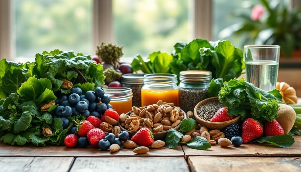 A vibrant still life depicting an assortment of brain-boosting foods arranged on a rustic wooden table, bathed in soft, natural lighting. In the foreground, a variety of leafy greens, including kale, spinach, and broccoli, along with colorful berries like blueberries and strawberries. In the middle ground, a selection of nuts and seeds, such as walnuts, almonds, and chia seeds, complemented by a jar of honey and a glass of water. In the background, a subtle, out-of-focus backdrop of a serene, natural setting, evoking a sense of calm and mindfulness. The overall composition conveys the idea of a balanced, nutritious diet that supports cognitive function and brain health.