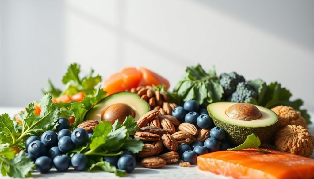 A vibrant still life of brain-boosting foods against a clean, minimalist backdrop. In the foreground, a selection of fresh, colorful produce - blueberries, leafy greens, avocado, nuts, and salmon - artfully arranged. Soft, natural lighting from the side creates gentle shadows, emphasizing the textures and colors. In the middle ground, a simple white or wood-toned surface provides a clean canvas. The background is a softly blurred, neutral tone, allowing the nutritious ingredients to take center stage. The overall mood is one of health, balance, and mental clarity - an appetizing representation of nourishment for the brain.