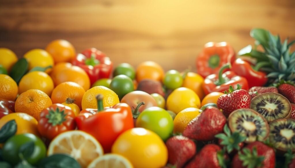 A vibrant still life scene of nutritious fruits and vegetables rich in vitamin C, bathed in warm, natural lighting. In the foreground, a lush arrangement of oranges, lemons, limes, red bell peppers, kiwis, and strawberries. The colors are vibrant and enticing. In the middle ground, a wooden table or rustic surface adds texture and warmth. The background is blurred, creating a sense of depth and focus on the vitamin C-packed produce. The overall composition is balanced and aesthetically pleasing, showcasing the abundance and appeal of these essential, health-promoting foods.