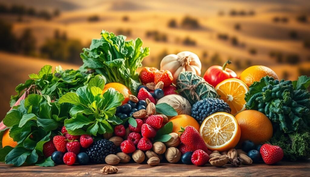 A vibrant still life showcasing an array of anti-inflammatory foods against a warm, natural backdrop. In the foreground, a diverse selection of fresh produce including leafy greens, berries, nuts, and citrus fruits, arranged in a visually appealing composition. The lighting is soft and diffused, casting gentle shadows that accentuate the textures and colors of the ingredients. In the middle ground, a wooden table or surface provides a rustic, earthy contrast. The background features a blurred, organic landscape, hinting at the connection between these nourishing foods and the natural world. The overall mood is one of health, vitality, and wholesome nourishment.