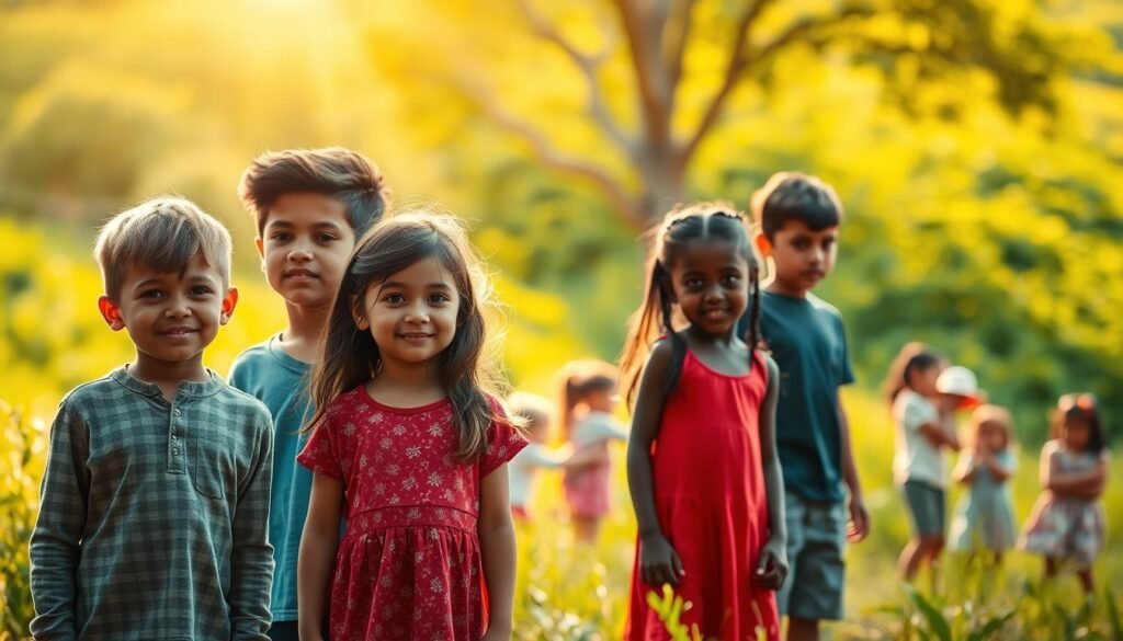 A vibrant, sun-dappled scene depicting the emotional resilience of children. In the foreground, a group of young, diverse figures stand tall, their expressions radiating inner strength and resolve. Mid-ground, they engage in playful, cooperative activities, building bonds and supporting one another. The background features a lush, verdant landscape, with a warm, golden glow illuminating the scene, symbolizing the nurturing environment that fosters their resilience. Captured with a shallow depth of field, the image draws the viewer's eye to the children, their resilience shining through in every gesture and interaction. Soft, diffused lighting imbues the scene with a sense of hope and positivity, reflecting the power of emotional fortitude in young minds.