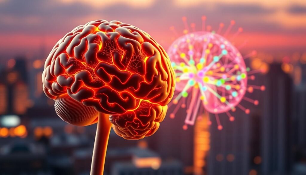 A vibrant, three-dimensional illustration of the core concepts in Behavioral Neuroscience. In the foreground, a detailed anatomical model of the brain, its intricate neural pathways illuminated from within, showcasing the complex interplay of neurochemicals that govern reward and punishment processing. In the middle ground, a visualization of neural activity, with colorful synaptic impulses dancing across the cerebral cortex. In the background, a subtly blurred cityscape, hinting at the real-world applications of this field of study. Rendered with a sharp, photorealistic style under warm, directional lighting, conveying the depth and dynamism of this scientific discipline.