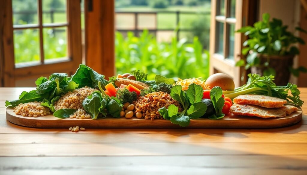 A vibrant, well-balanced meal laid out on a wooden table, with a variety of fresh, colorful ingredients including leafy greens, grains, vegetables, and lean protein. The lighting is warm and natural, casting a soft glow over the scene. In the background, a lush, green garden or small farm setting is visible through an open window, suggesting the origins of the ingredients. The overall composition conveys a sense of wholesome, nutritious eating and the importance of food education for a healthy lifestyle.