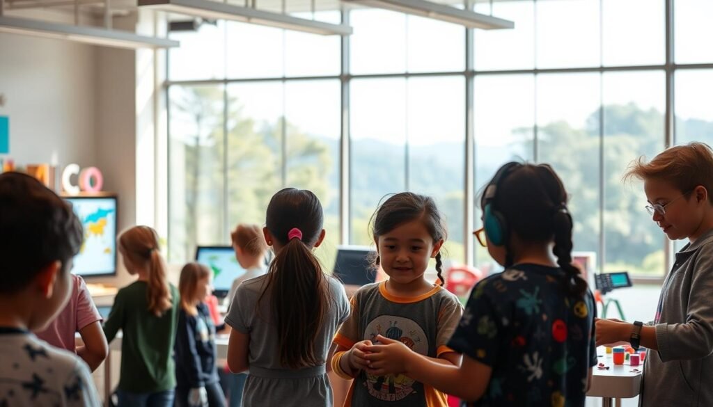 A vibrant, well-equipped learning environment with an abundance of natural light streaming through large windows. In the foreground, a group of students engrossed in hands-on activities, their faces alight with curiosity and engagement. The middle ground showcases an array of interactive educational tools, from digital displays to tactile learning aids. In the background, a serene, nature-inspired landscape visible through the windows, creating a calming, inspirational atmosphere. The lighting is soft and diffused, lending a warm, inviting ambiance to the space. The overall scene conveys a sense of creativity, collaboration, and intellectual stimulation, reflecting the crucial role of the learning environment in shaping cognitive performance. A vibrant, well-equipped learning environment with an abundance of natural light streaming through large windows. In the foreground, a group of students engrossed in hands-on activities, their faces alight with curiosity and engagement. The middle ground showcases an array of interactive educational tools, from digital displays to tactile learning aids. In the background, a serene, nature-inspired landscape visible through the windows, creating a calming, inspirational atmosphere. The lighting is soft and diffused, lending a warm, inviting ambiance to the space. The overall scene conveys a sense of creativity, collaboration, and intellectual stimulation, reflecting the crucial role of the learning environment in shaping cognitive performance.
