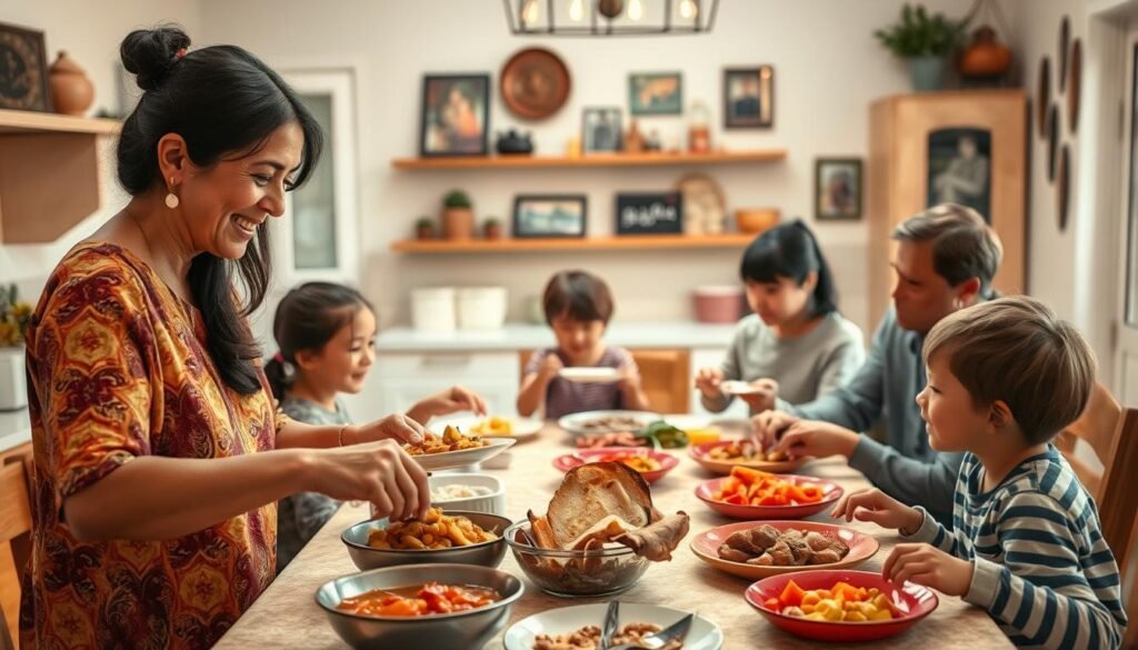 A warm, inviting kitchen scene with a family gathered around a table, sharing a meal. In the foreground, a mother and father serve traditional dishes, their expressions reflecting care and connection. The middle ground features children of varying ages, engaged in lively conversation, passing plates and swapping stories. In the background, glimpses of cultural artifacts and family photographs hint at the rich tapestry of their heritage. Soft, natural lighting bathes the scene, creating a sense of comfort and belonging. The overall mood conveys the profound influence of cultural and familial traditions on the joy and significance of shared meals.