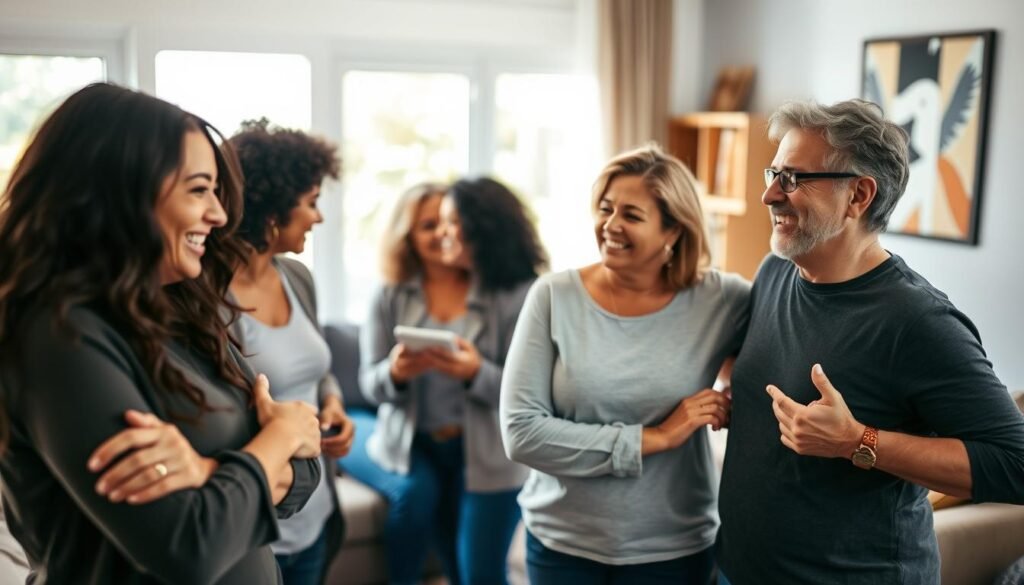A warm, supportive atmosphere of diverse individuals gathered together, offering encouragement and practical guidance for healthy weight loss. In the foreground, two friends smile and embrace, their body language radiating positivity. In the middle ground, a small group discusses nutrition and exercise plans, gesturing animatedly. In the background, a cozy living room setting with plush furniture and natural lighting, creating an inviting, nurturing environment. The overall mood is uplifting, emphasizing the power of community and social connection in achieving personal wellness goals.