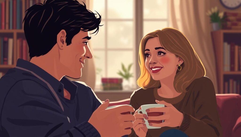 A warm, vibrant illustration of "neurobem-estar" depicting two close friends deep in conversation. The foreground features the friends' faces in close, intimate focus, their expressions radiating warmth and understanding. The middle ground showcases their relaxed body language, perhaps sipping coffee or tea. In the softly blurred background, a cozy, book-lined room with muted, natural lighting creates a sense of comfort and tranquility. The overall mood is one of profound connection, genuine care, and the profound meaning found in true friendship.